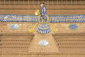 Faravahar, the Zoroastrian symbol at the entrance of the Fire Temple (Ateshkadeh) in Yazd, Iran