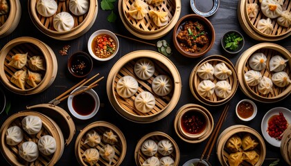 Elegant Flat-Lay of Dumplings in Bamboo Steamers, A Culinary Delight