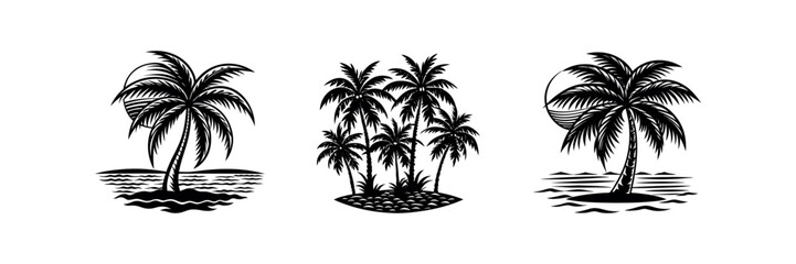 Tropical paradise beach with palm tree vector illustration at sunset silhouette design set