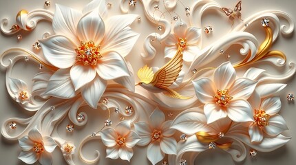 Elegant 3d floral design gold bird white flowers