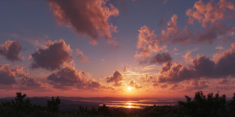 Panoramic View of Sunset Over the Water with Dramatic Cloudscape