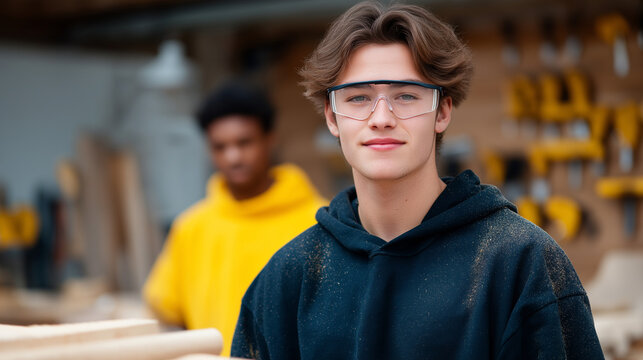 Teenage Carpenter Apprentice Sanding Wooden Chair in Workshop