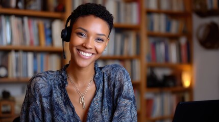 Teacher smiling during online meeting, bookshelf background, headset with mic