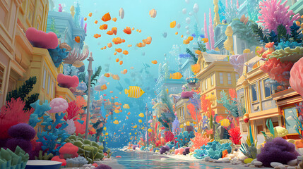 3d Cartoon of a colorful coral reef city underwater