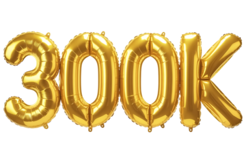 Gold balloons number 300k isolated on transparent background