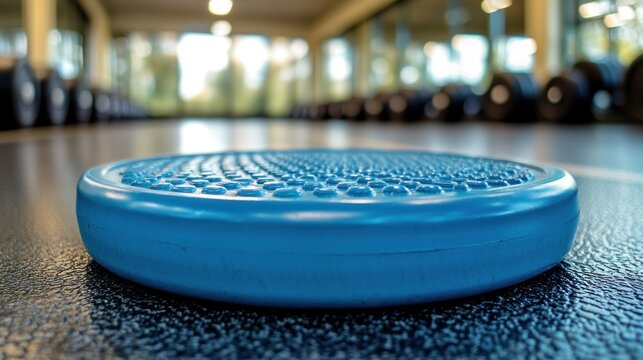 Blue exercise disc on gym floor
