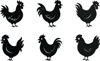 Chicken and rooster farm bird vector silhouette set