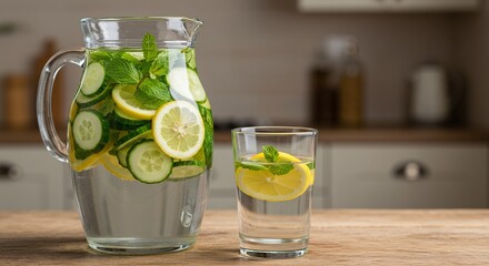 Infused water with lemon, cucumber and mint on a kitchen table for healthy living