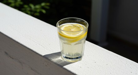 Refreshing glass of lemonade on a white wooden railing, sunlight highlights a lemon slice
