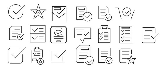 Checkmark, approval icon set. Vector glyph pictograms of validation, certification, confirmation concept, checklists, documents, awards, and security verification black silhouette illustration. 