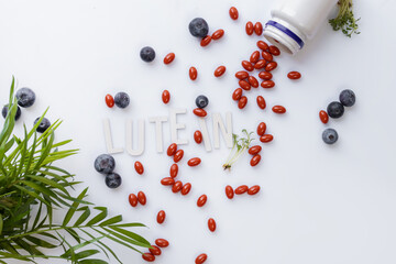 lutein capsules with blueberries and sprouts on white background, supplement concept, flatlay with white letters, wellness and health nutrition theme