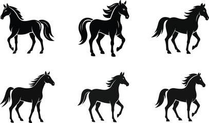 Horse silhouettes set with various running and jumping poses, perfect for animal vector illustrations
