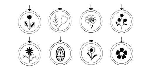 Decorative floral embroidered hoops with different floral elements presented in a simple minimal black and white line art style.