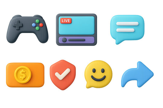 Game Streaming Icon Set. 3D icon set of game streaming interfaces: game controller, streaming overlay, chat window, viewer count,