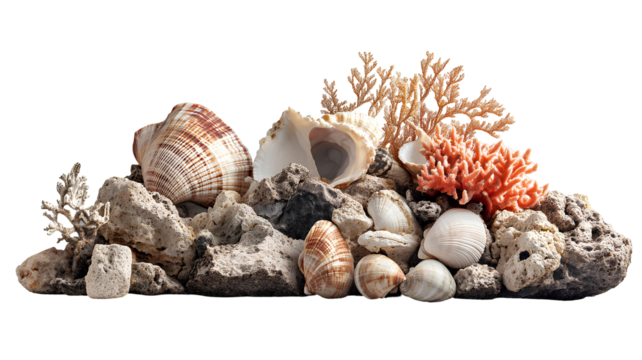 Set of sea shells and corals on transparent background