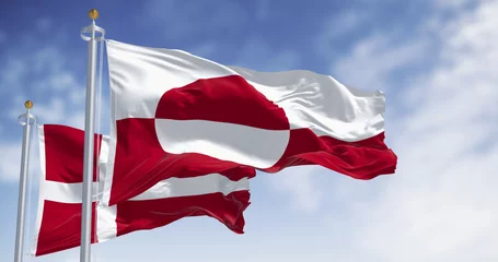 Gordijnen Poolcirkel Flags of Greenland and Denmark waving in the wind  © rarrarorro