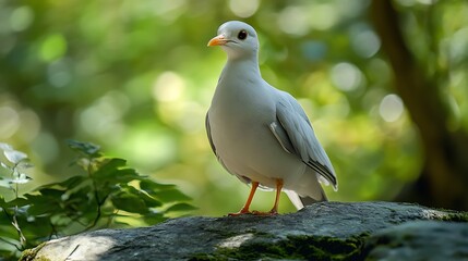 Obraz premium White Dove Standing on Rock with Green Forest Bokeh Background