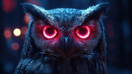 Nocturnal owl with glowing red eyes