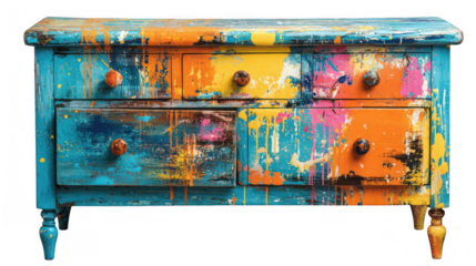 Vibrant paint splatters adorn a vintage dresser, creating a unique and artistic piece of furniture isolated on a transparent background, perfect for interior design or creative projects
