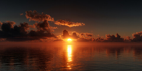 Sunset Over Calm Ocean with Dramatic Cloud Reflections