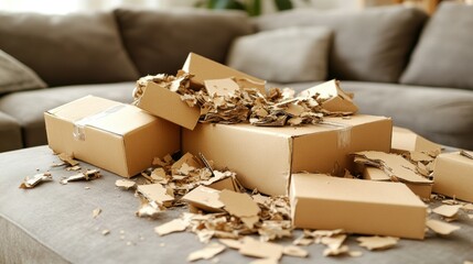 Cardboard boxes and packing paper strewn on a couch