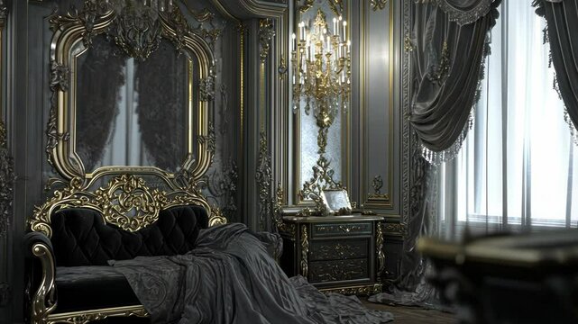 Luxurious, dark, opulent bedroom interior