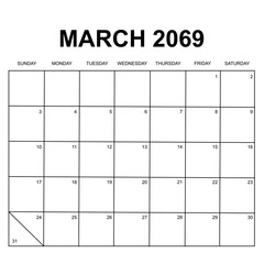 march 2069. monthly calendar design. week starts on Sunday. printable, editable, simple, and clean vector design isolated on white background.