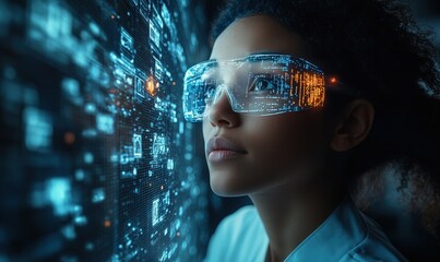 Focused woman in futuristic glasses, data overlay