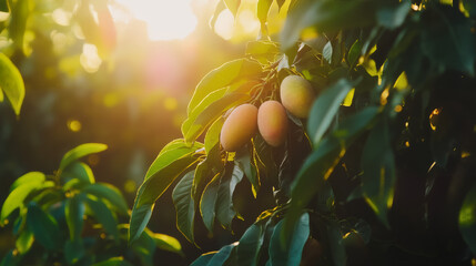 Mangoes Hanging on a Tree Branch with Soft Sunlight in the Background