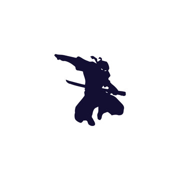 Silhouette illustration of a ninja warrior leaping in action with a katana