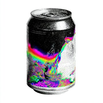 Soda Can with Chromatic Aberration Glitch on White Background, Black-White Ink Lineart with Heavy Crosshatch Shading, Extruding Rainbow Fractal Liquid