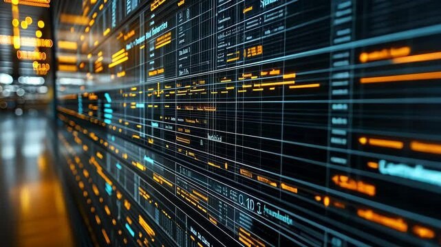 Futuristic data wall displays intricate information grids in a high-tech environment - Powered by Adobe