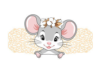 Cute peeking little lady mouse with wreath of flowers on her head