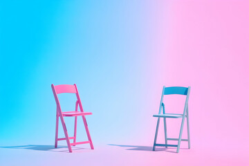 Pastel Pink and Blue Folding Chairs on Gradient Background: A Minimalist 3D Render