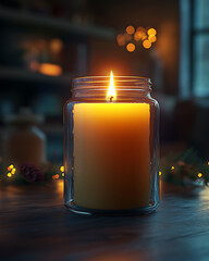 Cozy Candlelit Glass Jar Evokes Tranquil and Relaxing Atmosphere With Warm Glow