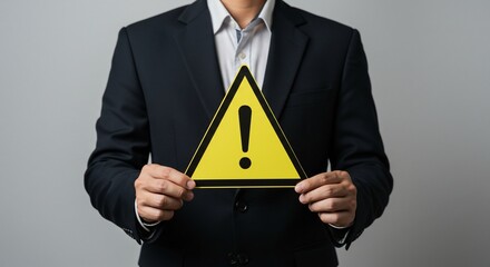 Man in suit holds yellow warning sign indoors, conveying risk or alert concept