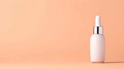 A 3D rendering of a white dropper bottle against a peach background, showcasing a minimalist product display for cosmetic or skincare.