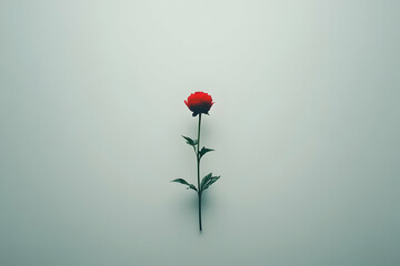 Single Red Peony Flower Stands Tall Against a Subtle Gray Background, Minimalist Botanical Photography