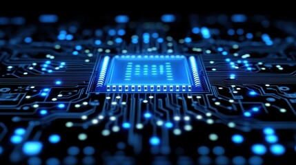 Close-up of a glowing microprocessor chip on a circuit board