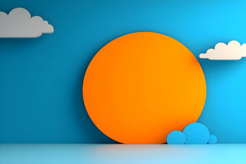 Abstract 3D Render of a Simple Orange Sun Setting Behind Cartoon Clouds on a Blue Background