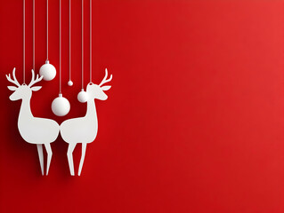 3D Render of White Reindeer with Hanging Ornaments Against Red Background for Christmas