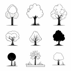 Collection of Nine Simple Line Drawings Depicting Various Tree Styles with Different Canopies, Trunks, and Foliage in Black and White, Ideal for Illustrations or Backgrounds.