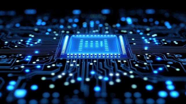 Close-up of a glowing microprocessor chip on a circuit board
