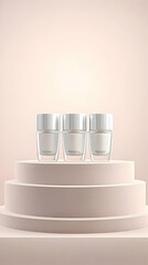 Three sleek, minimalist cosmetic jars sit atop a three-tiered pale pink display stand against a soft, neutral backdrop.