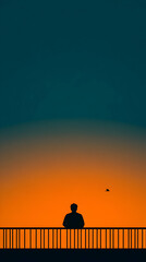 Silhouette of a Person Watching Sunset from a Balcony, with a Bird Flying