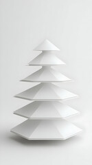 Abstract 3D Render of a Stacked White Hexagonal Conical Structure Against a White Background, Minimalist Geometric Design