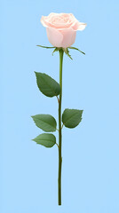 A Single Pale Pink Rose Stands Tall Against a Light Blue Background,  Elegantly Displaying its Delicate Petals and Lush Green Leaves.