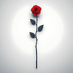 3D Render of a Single Red Rose with Black Stem on a Light Grey Background, Minimalist Floral Illustration