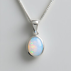 Elegant Oval Opal Pendant Necklace with Silver Chain, Showcasing Iridescent Gemstone Brilliance on a Neutral Background.