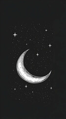 Crescent Moon and Stars: Hand-Drawn Night Sky Illustration, Celestial Background, Black and White Sketch, Mystical Art